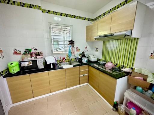 Modern kitchen with wooden cabinets and green accents