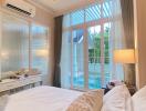 Bright and elegant bedroom with pool view