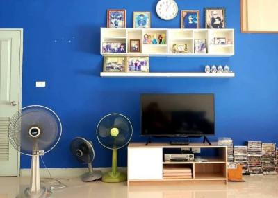 Bright living room with blue wall and television unit