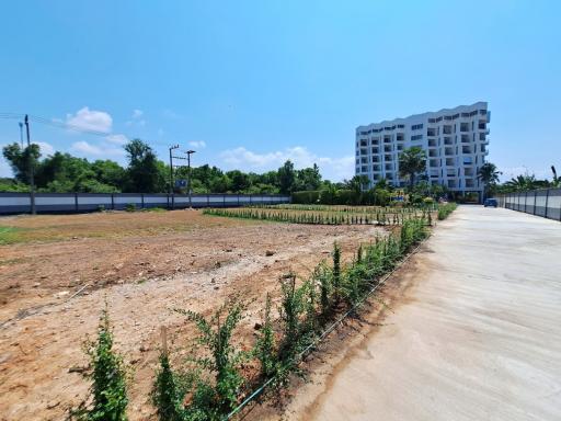 Open land area in front of a residential building with clear skies