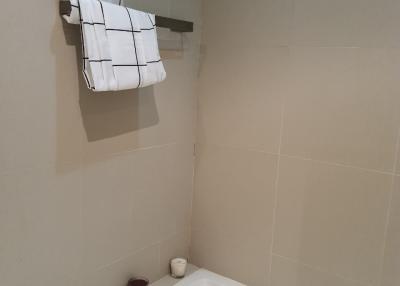 Modern bathroom interior with ceramic bathtub and tiled walls