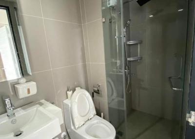 Modern bathroom with a walk-in shower, toilet, and basin