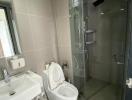 Modern bathroom with a walk-in shower, toilet, and basin