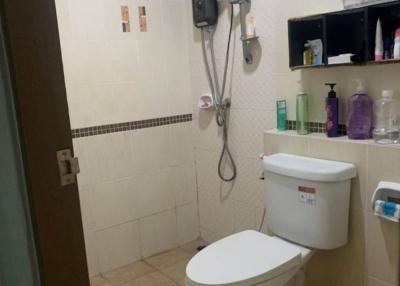Compact bathroom with wall-mounted shower and toilet