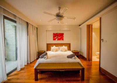 Cozy bedroom with wooden floors and modern amenities