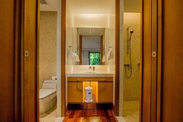 Modern bathroom interior with double sink and shower