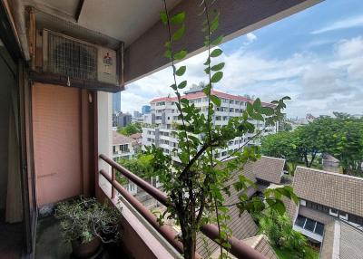 Spacious balcony with urban view and potted plants