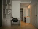 Modern hallway interior with decorative shelving unit and minimalist chair