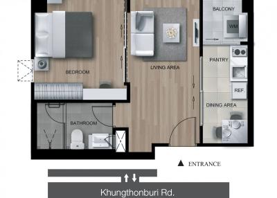 Floor plan of a modern apartment layout showing living area, bedroom, kitchen, bathroom, and balcony