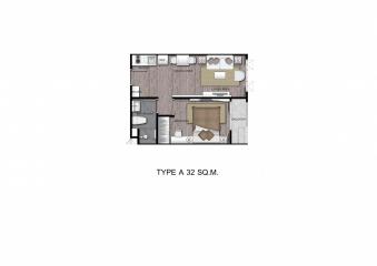 floor plan of a 32 square meter apartment showing the layout of the living area, bedroom, kitchen, and bathroom