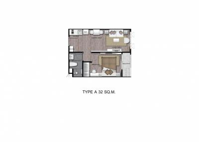 floor plan of a 32 square meter apartment showing the layout of the living area, bedroom, kitchen, and bathroom