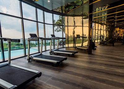 Modern gym with treadmills overlooking city view through floor-to-ceiling windows