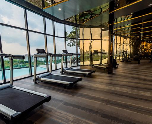 Modern gym with treadmills overlooking city view through floor-to-ceiling windows