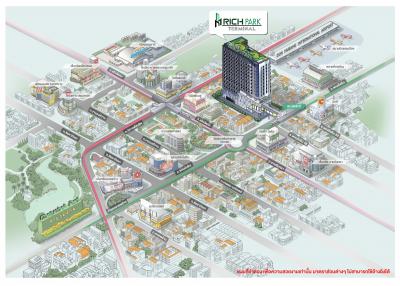 Illustrated map of a real estate development area showing buildings and infrastructure