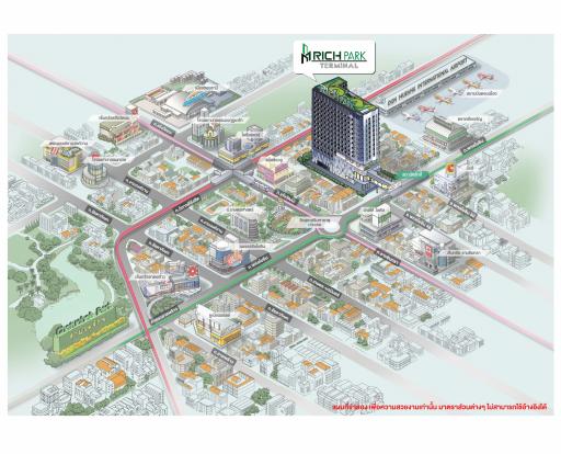 Illustrated map of a real estate development area showing buildings and infrastructure