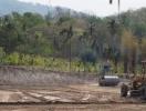 Construction equipment and cleared land at a developing property site with tropical vegetation in the background