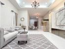 Elegant and modern living room with chandelier and refined decorations