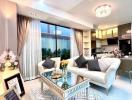 Elegantly furnished living room with natural light and modern decor
