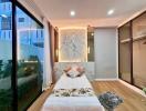 Modern bedroom with large window and stylish decor
