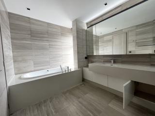 Modern spacious bathroom with bathtub and double sink