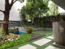 Enclosed home garden with artificial grass and vibrant greenery