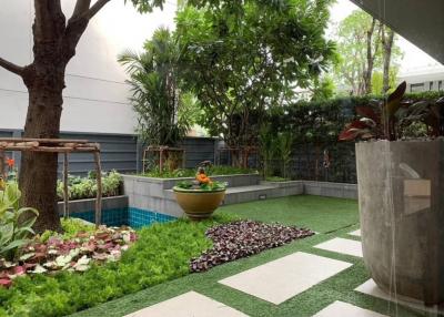 Enclosed home garden with artificial grass and vibrant greenery