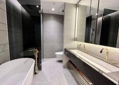 Modern bathroom with tub and double sink