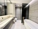 Modern bathroom with elegant fixtures and neutral tones