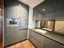 Modern kitchen with stainless steel cabinets and built-in appliances