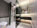 Modern bathroom interior with marble tiles and glass shower partition