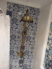 Elegant bathroom with detailed blue and white tilework and vintage style shower fixtures