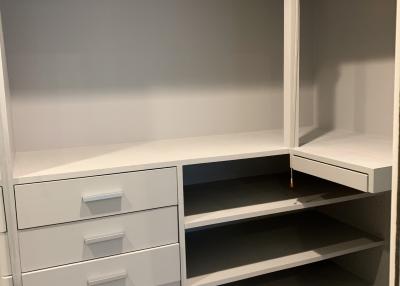 Empty walk-in closet with built-in shelves and drawers