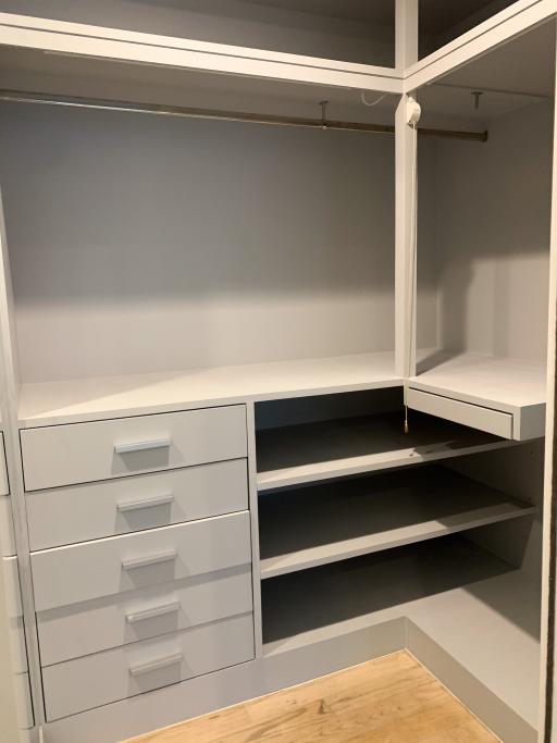 Empty walk-in closet with built-in shelves and drawers