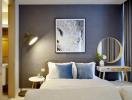 Modern bedroom interior with comfortable bedding, accent pillows, and decorative elements