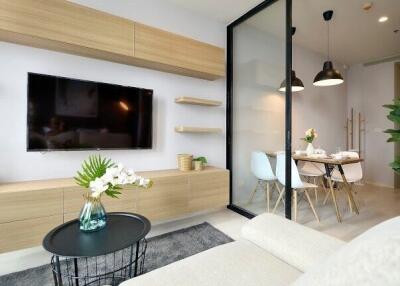 Modern living room interior with dining area