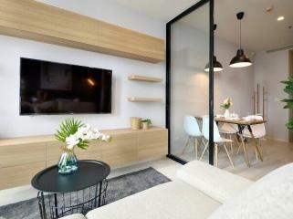 Modern living room interior with dining area