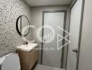 Modern styled bathroom with patterned wall tiles