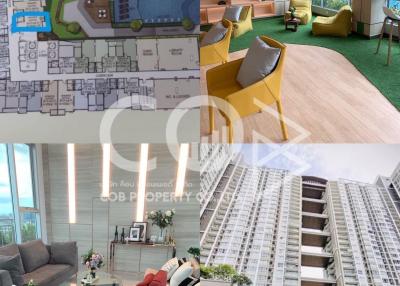 Collage of various spaces including a floor plan, living room, lounge area, and building exterior