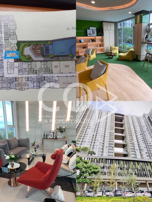 Collage of various spaces including a floor plan, living room, lounge area, and building exterior