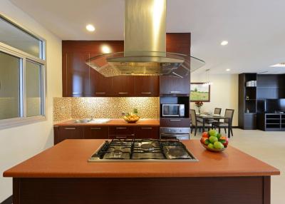 Modern kitchen with stainless steel appliances and spacious countertop
