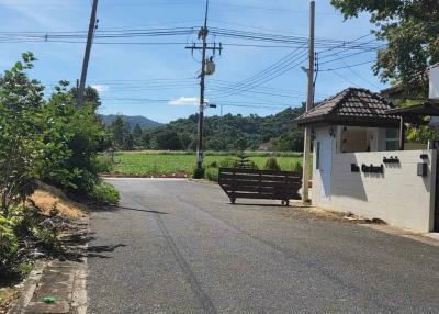 Paved access road leading to a residential property with a clear sky and natural surroundings