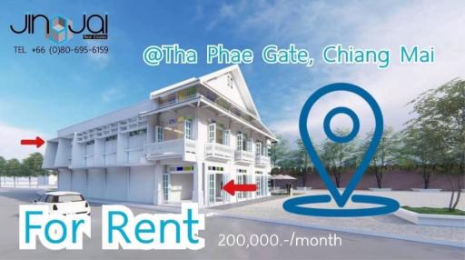 Exterior view of a modern two-story building for rent at Tha Phae Gate, Chiang Mai