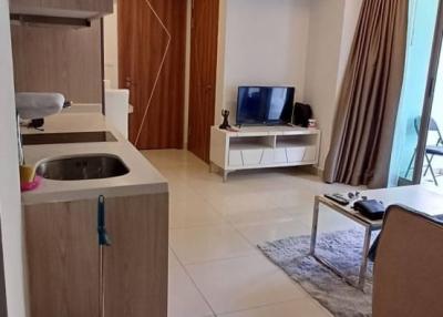 Modern living room with kitchenette and natural lighting