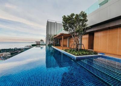 Luxurious rooftop infinity pool overlooking the city with patio area