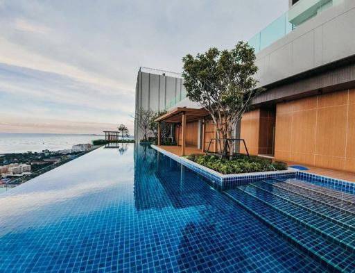 Luxurious rooftop infinity pool overlooking the city with patio area