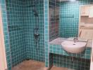 Modern bathroom with teal tiles, glass shower, and beige flooring