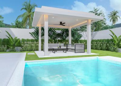 Modern outdoor patio with pool and comfortable seating area