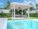 Modern outdoor patio with pool and comfortable seating area