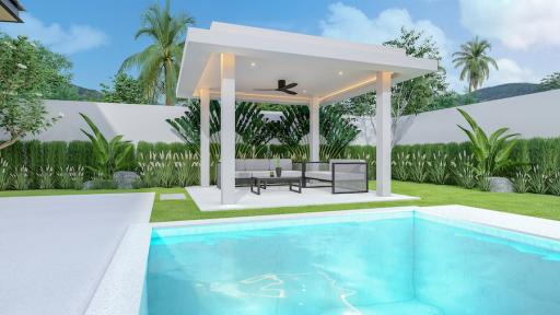 Modern outdoor patio with pool and comfortable seating area