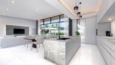 Modern open plan living room with kitchen and dining area